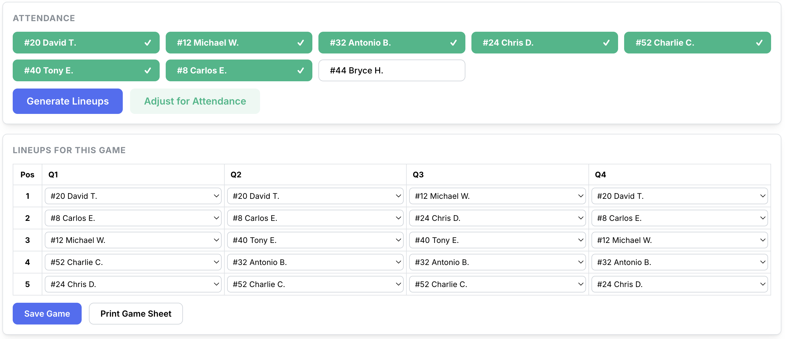 Lineup builder showing attendance and quarter-by-quarter player assignments